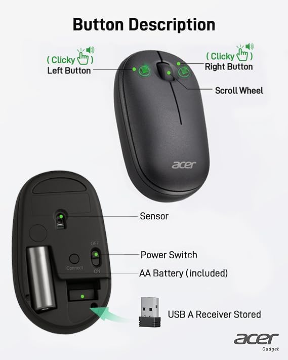 Miniatura 3 de Acer Ratón inalámbrico para computadora, 2.4G delgado USB inalámbrico con receptor USB-A, 1600 DPI óptico, mouse para portátil con Plug and Play