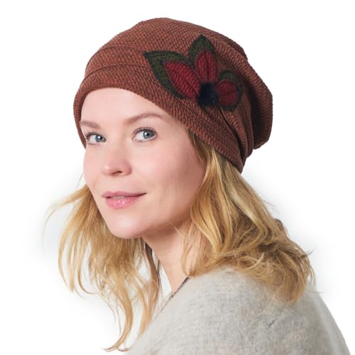 Bonnet tricoté avec pompon floral femme chapeau vintage léger automne