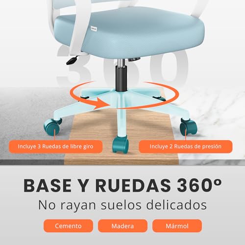 JUPPLIES Silla Escritorio Ergonomica - Silla Oficina con Apoyo Lumbar, Estructura de Plastico, Malla Transpirable, Ruedas Giratorias 360°, Soporta hasta 110kg (Azul) - imagen 7