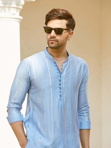 Image of See Designs Men Full Sleeve Chanderi Silk Sequins Mandarin Collar Side Slit Kurta With Pyjama