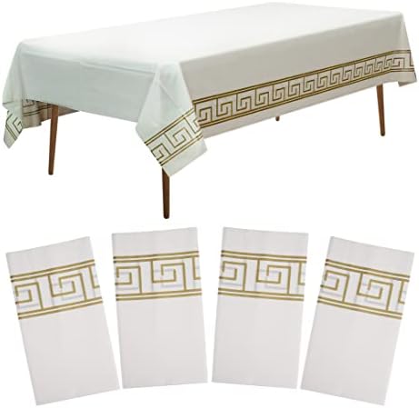 Amatra Disposable Table Cloth, Waterproof Table Cover, Classy Plastic Table Cloth, Rectangle Tablecloth, 140 g Plastic Table Cover, Opaque White Table Cloth with Gold Trim, 54x108 inches, Pack of 4