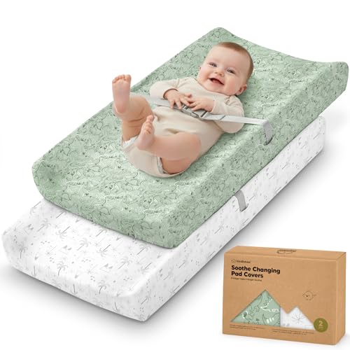 Image of 2-Pack Organic Changing Pad Covers for Girl, Boy, 100% Cotton (DinoDood) | 34x18, Soft Diaper Changing Table Pad Cover, Contour Baby Changing Pad Sheets, Gender Neutral Liners, Nursery Dresser, Fitted