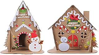 jojofuny 2 Sets Christmas Village House with LED Light Christmas DIY Cardboard Cottage Tabletop Decor Xmas Tree Snowman House Scene Figurine Mixed Color