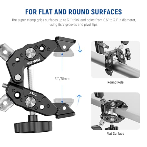 Image of NEEWER Heavy Duty Super Clamp with Two 360 Dual Ball Head Magic Arms, 1 /4 inch 3 /8 inch Screw Threads, Phone & Action Camera Mount Adapter for Flat /Round Surface Compatible with GoPro DJI Insta360 DSLR