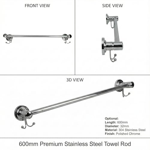 Image of Towel Rod 18 Inch | Wall Mounted Bathroom Towel Rack | Rust-Proof Chrome Finish Towel Hanger | Dual Towel Holder Rail for Bathroom & Kitchen (Double Hook Towel Rod) (18 Inches)