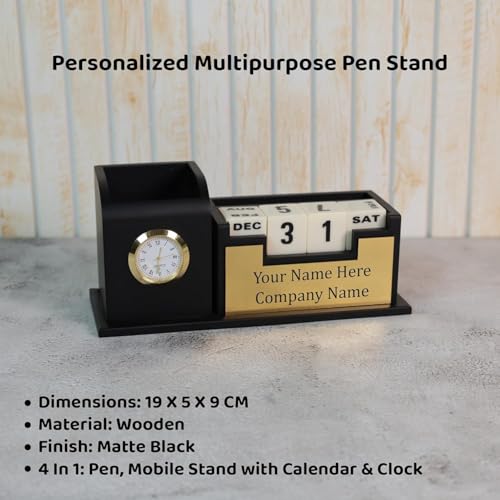 Image of EpicLane Wooden Pen Holder with Clock, Infinity Calendar, Visiting Card Holder & Mobile Stand | Desk Organizer (Infinity - Black)