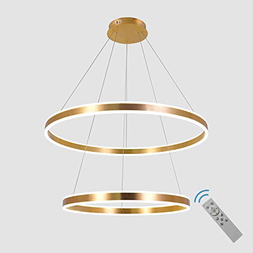 AKEELIGHTING Contemporary Chandeliers Led Pendant Lighting Modern Dimmable Led Light Fixture 2 Ring with Remote Control for Bedroom Dining Room Gold Cool White 32inch