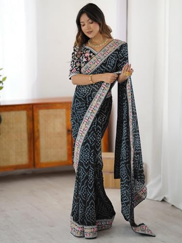 Image of Satrani Women's Georgette Bandhani Printed Sequin Embroidery Saree with Unstitched Blouse Piece