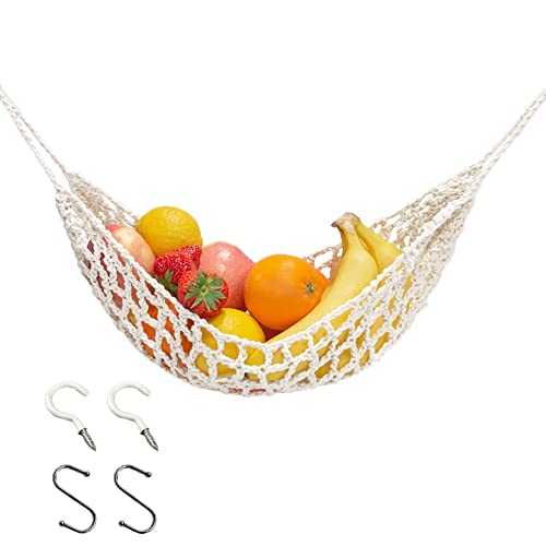 Fruit Hammock for Kitchen Under Cabinet Fruit Basket Hanging Handwoven Cotton Macrame Basket Boho Decor Storage Save Counter Space for Home Camper RV (Off-white)