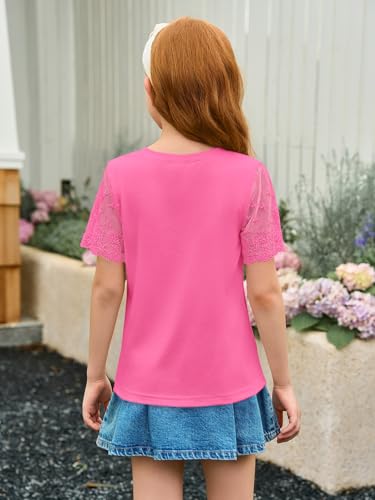 Image of Haloumoning Girls Lace Short Sleeve T Shirts Kids Summer Crewneck Tunic Tops Curved Hem 5-14 Years
