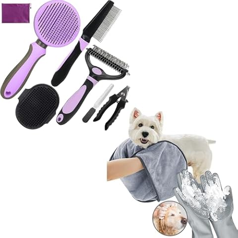 7 PCS Dog Brush for Shedding and Dog Washing Gloves - Quick Drying Dog Towel,Bath Brush for Long & Short Haired Dogs, Cats Purple Grey Cover