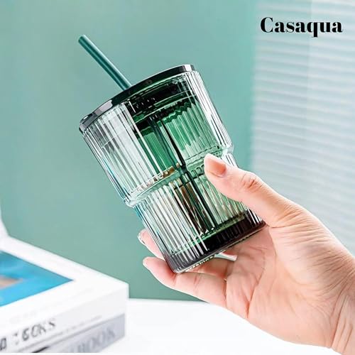 Image of Premium Ribbed Drinking Glass Tumbler with Lid & Straw - 400ml, Set of 1, Reusable Green Minimalist Mug for Iced Coffee, Juice, Smoothies & Cold Beverages, Leak-Resistant Travel Cup