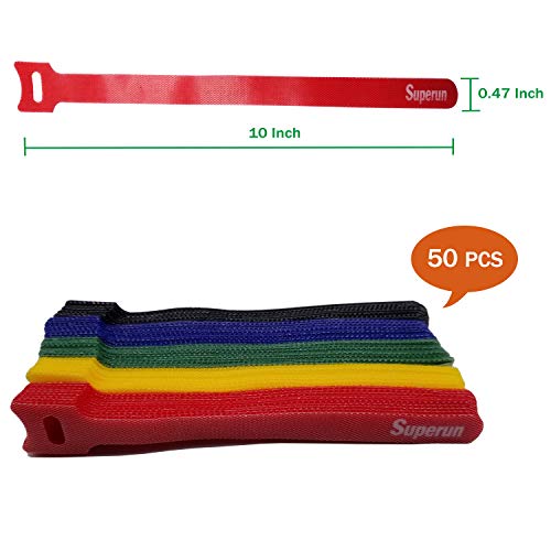 Superun 50pcs Multi-Color 10" Fastening Cable Ties, Reusable Wire Organizer