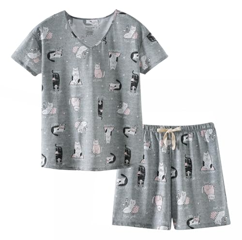 CHUNG Women Short Pajama Set Ladies Cotton Print Short Sleeve Top Pyjama shorts 2 Pcs V-neck T-Shirt & Bottom Pants Loungewear Size L, Cozy Cat