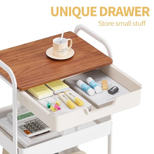 TOOLF 3 Tier Metal Utility Rolling Cart - White Storage Cart with Drawer and Wooden Table Top, Trolley Kitchen Organizer Rolling Desk with Locking Wheels for Office, Classroom, Home, Bedroom - Thumbnail 3