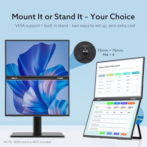 Image of 18.5'' Portable Dual Monitor, One Cable Laptop Screen Extender, FHD 1080P 100Hz Type-C USB-A HDMI, Folding Stacked Triple Monitor Built-in Stand Speakers for Laptop Desktop Windows Mac(Driver Need)