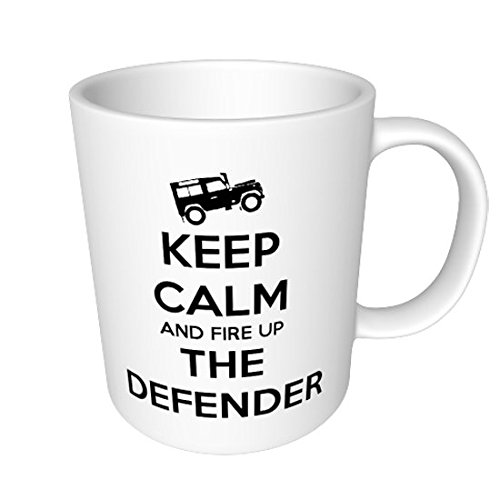 Taza de cerámica con texto en inglés "Keep Calm and Fire Up The Defender