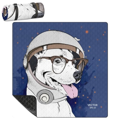 Shimoshe Extra Large Picnic Blankets 79”x 79”, Astronaut Space Dog Waterproof Foldable Picnic Mat with Straps Portable Beach Blanket for Camping Park Grass Beach Indoor