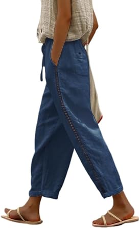 Neband Casual Linen Pants for Women Summer Pants Lightweight Ankle Crop Pants Elastic Waist Drawstring Beach Lounge Pants, Navy Blue L