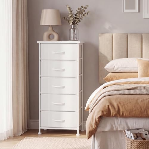 Image of Fixwal White Tall Skinny Dresser for Bedroom, Narrow Storage Dresser Organizer with 5 Fabric Drawers, Nightstand Furniture in Closet, Entryway, Hallway