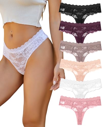 ALL OF SHE 6er Pack String Tanga Damen Spitze Sexy Unterhosen Frauen Underwear Lace Unterwäsche Thongs Women Mehrpack S-XL,M
