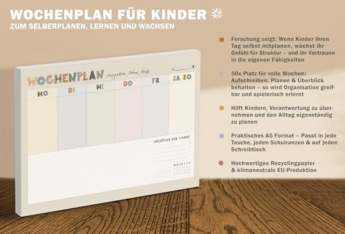 Eine der Guten Wochenplaner A5 für Kinder – nachhaltiger Wochenplan-Block mit 50 Blatt | Abreißblock aus Recyclingpapier, klimaneutral gedruckt