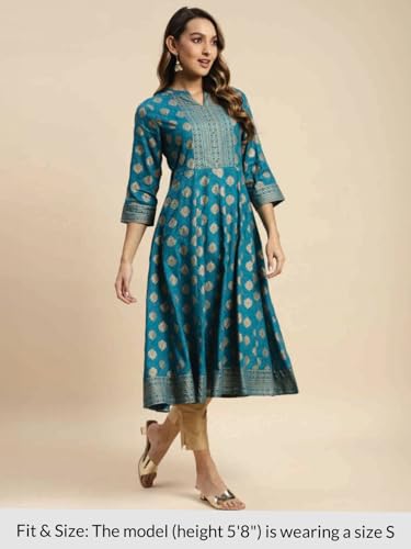 Image of rangita Teal Rayon Calf Length Printed Flared Kurti for Women | Kurta for Women