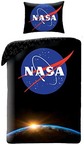 Halantex – NS4051 – Juego de Cama Individual Logotipo de la NASA Espacio Negro Profundo Funda nórdica y Almohada – 100% algodón – 140 x 200 cm y Funda de Almohada 70 x 90 cm