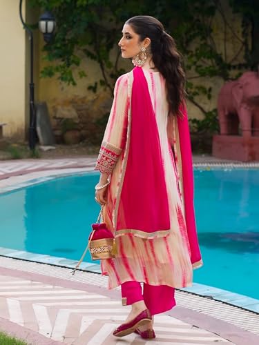 Image of INDO ERA Women's Silk Crepe Floral Embroidered A-Line Kurta & Pant with Dupatta Set (IEOUT161)