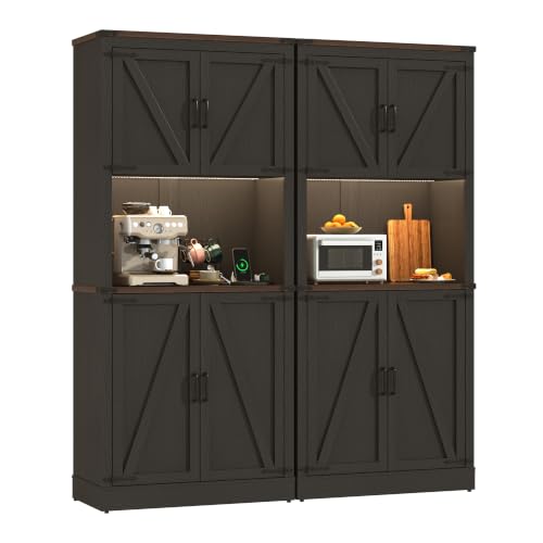 Image of 72 inch Tall Farmhouse Kitchen Pantry Cabinet with LED Light and Power Outlet,Modern Farmhouse Kitchen Storage Cabinet w Load-Bearing Steel Pipe,Barn Doors, Organizer,Food Pantry Cabinets(2PC Black)
