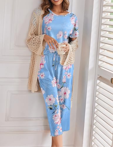 Image of Ekouaer Womens Capri Pajama Sets 2 Piece Floral Print Short Sleeve Sleepwear Top and Capri Pants Soft Loungewear with Pockets Blue Pink Flowers S