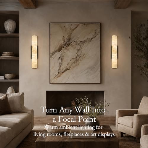 Image of Alabaster Wall Sconce, 20 inch Black Natural Marble Wall Sconces, Dimmable Hardwired Stone Sconces, Modern Tube Wall Sconce for Luxury Bathroom, Bedroom, Hallway, Living Room, Entryway, 1PC