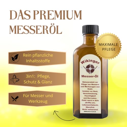 Wikinger Messeröl 100ml - Lebensmittelechtes Kamelienöl für Messer & Damastmesser Pflege - Säurefreies Schwertöl mit Rost- & Korrosionsschutz - Messer Öl zum Schutz von Klingen & Holzgriffen