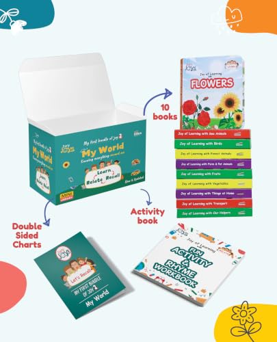 Image of Disha Premium Gift Box Set for 1 - 5 Year Kids / Children - Early Joys - My First Bundle of Joy 2 - MY WORLD | Learn, Recall, Relate | 10 Board, 2 Activity Books & 2 Charts in a Utility Box | Mini Library