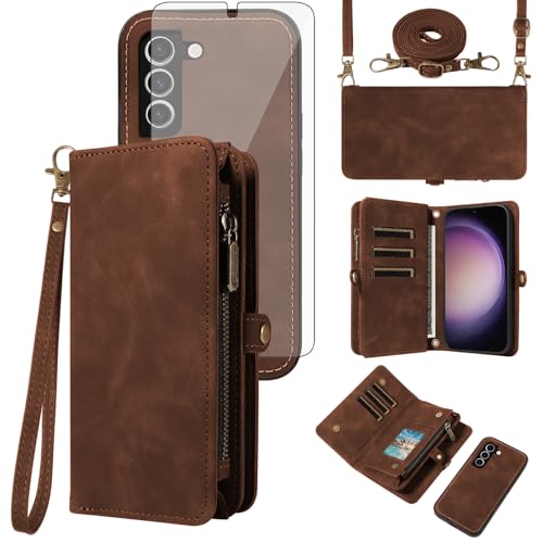Coque Samsung Galaxy S23 Asuwish portefeuille amovible marron en cuir avec bandoulière