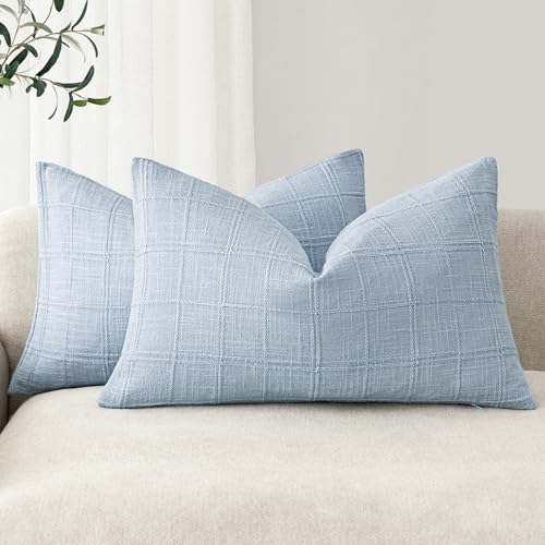 Image of Foindtower Set of 2 Decorative Linen Check Throw Pillow Covers Neutral Farmhouse Lumbar Cushion Covers Modern Boho Accent Home Decor for Sofa Chair Couch Bedroom Living Room,12x20 Inch,Sky Blue