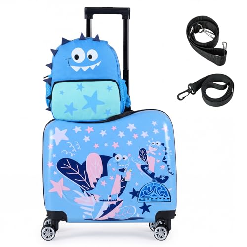 DREAMADE Kinderkoffer zum Draufsitzen, 2 TLG. Kinderkoffer mit Rucksack, Kindergepäck Trolley zum Reisen, Reisetrolley Kinder Trolley Set (Blau-Dinosaurier, 18 Zoll +12 Zoll)