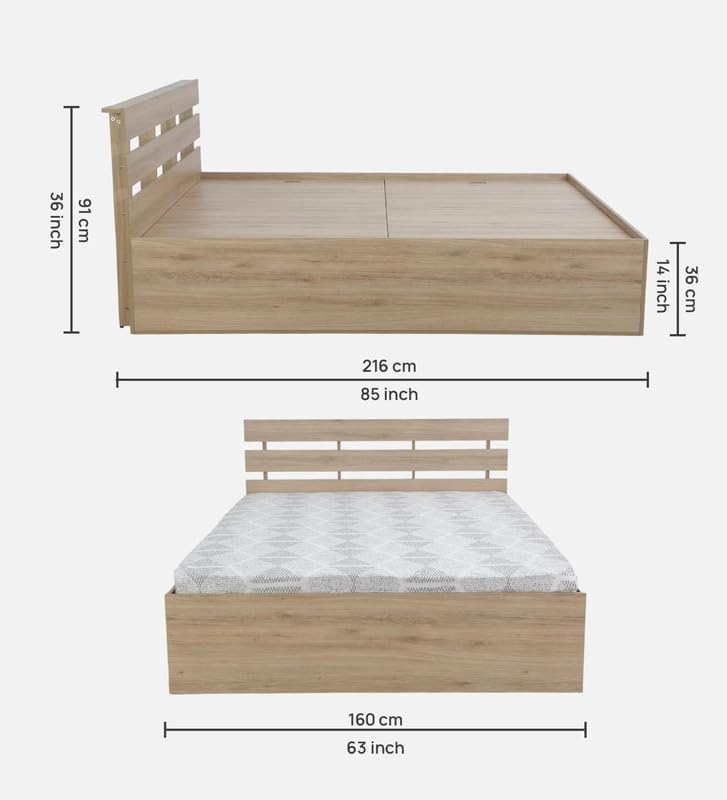 Image of Mintwud Pepperfry Engineered Wood Queen Size Bed with Box Storage | Wooden Double Bed Cot Palang Furniture with Headboard for Home Bedroom Living Room and Hotel (French Oak Finish)