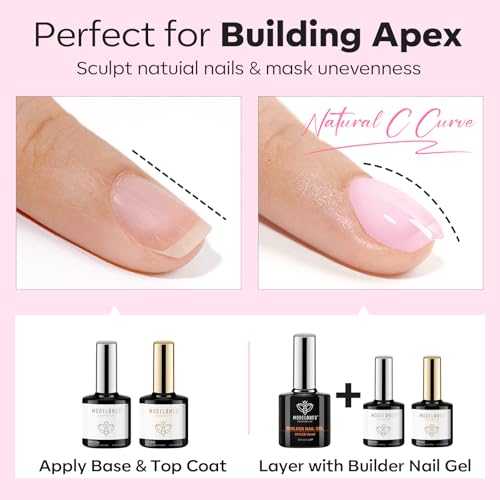 Image of modelones Builder Nail Gel with Gel Base Top Coat, 3Pcs Baby Pink Builder Nail Kit for Apex Building Extension Thickening Strengthener High Gloss Shiny, U /V LED Lamp Cured for Home DIY Salon Girls