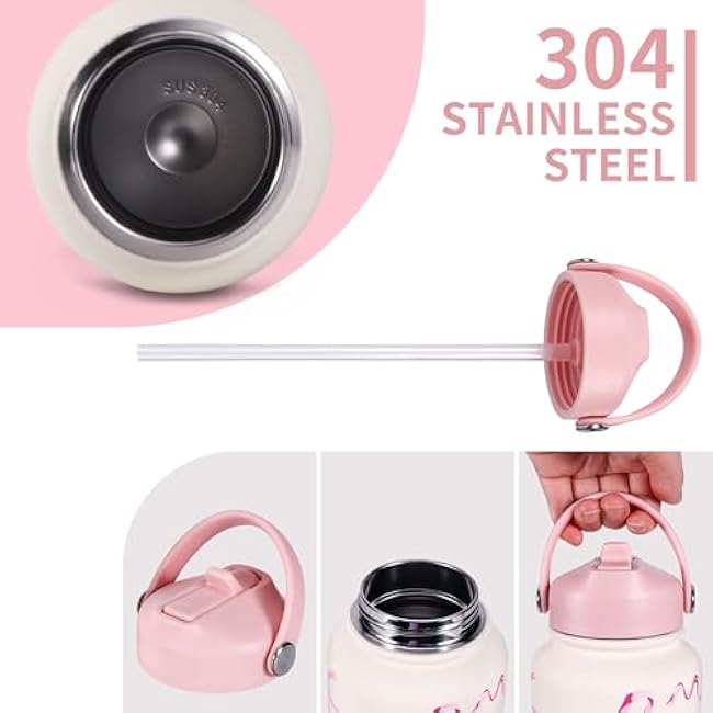Goetland Ribbon Water Bottle with Straw Lid 32oz Stainless Steel | Wide Mouth | Vacuum Double Insulated | Leakproof | For Women Girls | Pink | Cute | UV Printing | Drinking Cup
