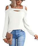 BZB Off The Shoulder Tops for Women Casual Long Sleeve Tunic Tops loose fit Square Neck Sexy Cold Shoulder Blouse Shirts S-2XL White