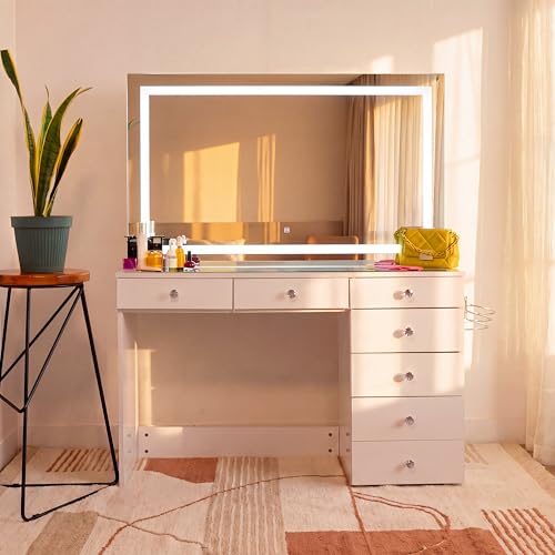 Boahaus Cleo Vanity Desk with LED Mirror and 7 Drawers