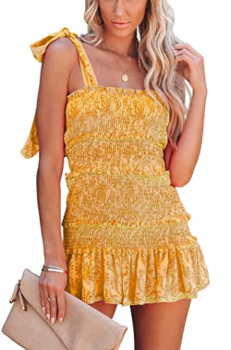 Image of Hotmiss Womens Ruffle Smocked Mini Dress Sleeveless Floral Print Summer Tiered Tie Slim Fit Short Dresses