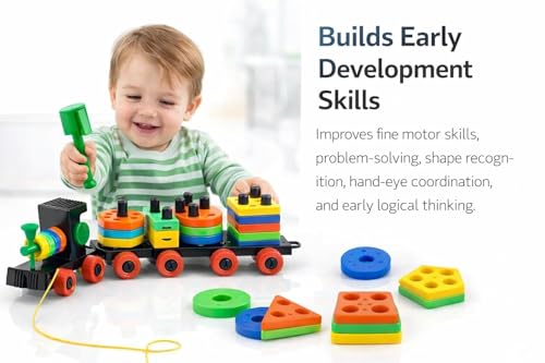 Image of Brand Conquer Toy for Toddlers | Pull Along Shape Sorting & Stacking Puzzle with Hammer | Geometric Blocks Educational Toy | Montessori Early Development Gift for Boys (3-in-1 Learning Train)