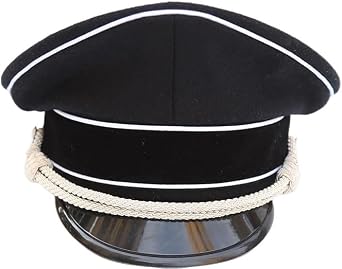 WWII German Officers Crusher Cap Silver Chin Cord & Wool, Black/Navy Blue