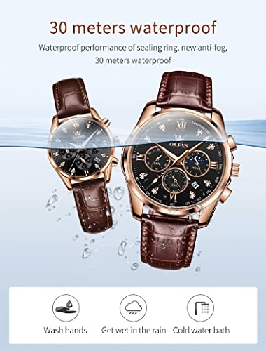 Olevs Valentines Couple Pair Quartz Watches His And Her Couple Set Leather Chronograph Diamond Black Wrist Watch Men Women Lovers Wedding Romantic Gifts Set Of 2 #TOP4