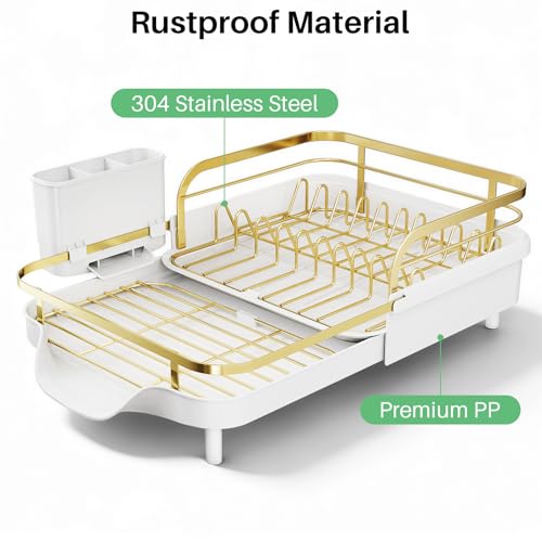 Image of SNTD Dish Drying Rack, Expandable Dish Rack for Kitchen Counter, Stainless Steel Dish Drainer with Drainboard Set and Utensil Holder (Gold)
