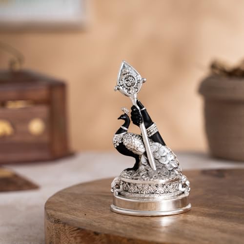 Image of Svastika Vel Mayil Murugan Idol (999 Silver Plated) | Lord Murugan Statue with Peacock | Spiritual Idol for Home Temple, Pooja Room, Car Dashboard & Gift | Decor Murti (3.5 Inch)