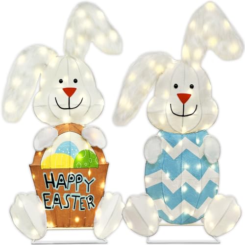 Vanthylit 2 Pcs Outdoor Easter Decorations, Lighted Bunny with 120 Lights, 2D Bunny Lights for Outdoor Yard Garden Lawn Patio Easter Decor