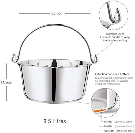 Penguin Home Jam Pan & Maslin Pan, 8.5 Litre Stainless Steel, Lockable Handle & Induction Safe,Suitable for All Hobs,Suitable for Dishwasher,Fridge & Freezer,Diameter 30.5 cm